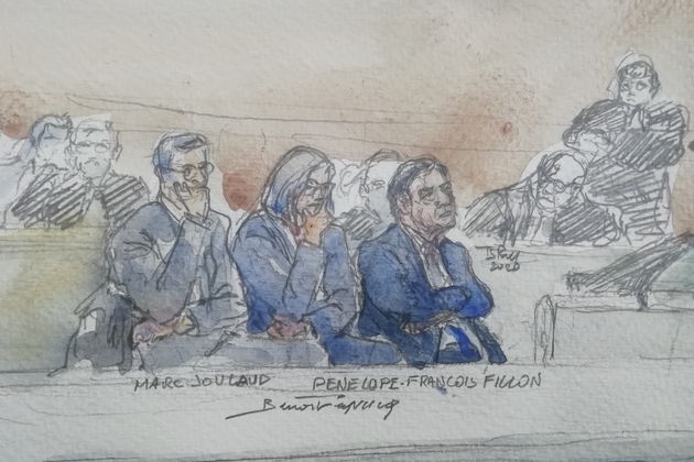 Dessin d'audience du 26 septembre 2020, des trois prévenus, Marc Joulaud (gauche), Penelope Fillon (centre) et François Fillon (droite)