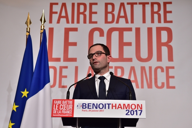 Benoît Hamon lors de son discours prononcé au soir de sa victoire au second tour de la primaire PS, le 29 janvier 2017 à Paris 