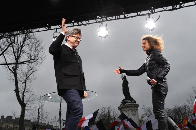 Jean-Luc Mélenchon (g) et sa coordinatrice de programme Charlotte Girard, lors d'une 