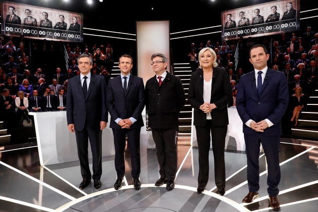 Les cinq favoris à la présidentielle lors d'un débat à Aubervilliers, le 20 mars 2017