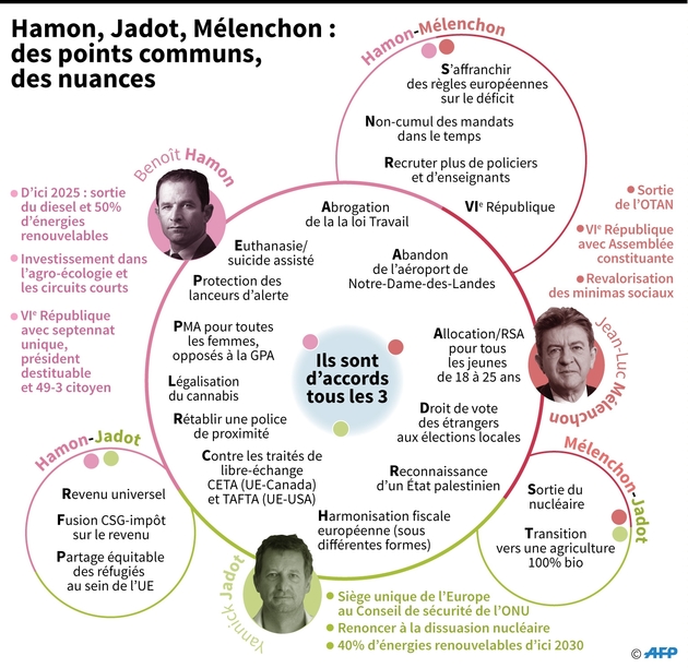 Hamon, Jadot, Mélenchon : des points communs, des nuances