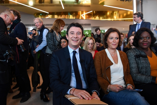 Benjamin Griveaux, avec Olivia Grégoire, avant une conférence de presse de présentation de son programme, à Paris le 13 février 2020
