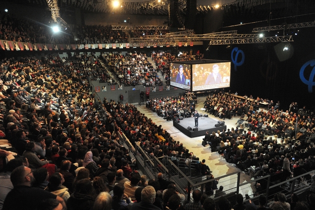 Le candidat de La France insoumise Jean-Luc Mélenchon, le 28 février 2017 lors d'un meeting dans l'Agora de Brest  