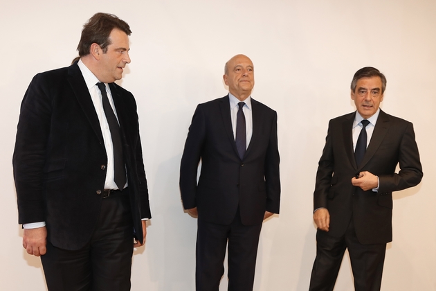 Thierry Solère, Alain Juppé et François Fillon au soir du second tour de la primaire le 27 novembre 2016 à Paris 