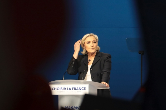 Marine Le Pen lors de son dernier grand meeting de campagne, au Parc des Expositions de Villepinte, le 1er mai 2017