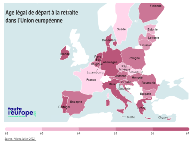 Carte des âges légaux de départ à la retraite dans l'Union européenne