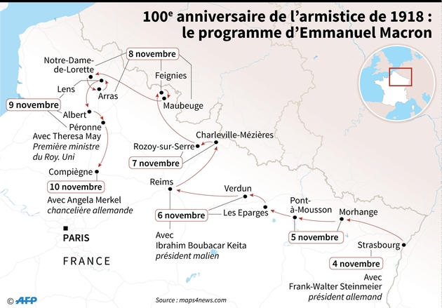 100e anniversaire de l'armistice : le périple de Macron