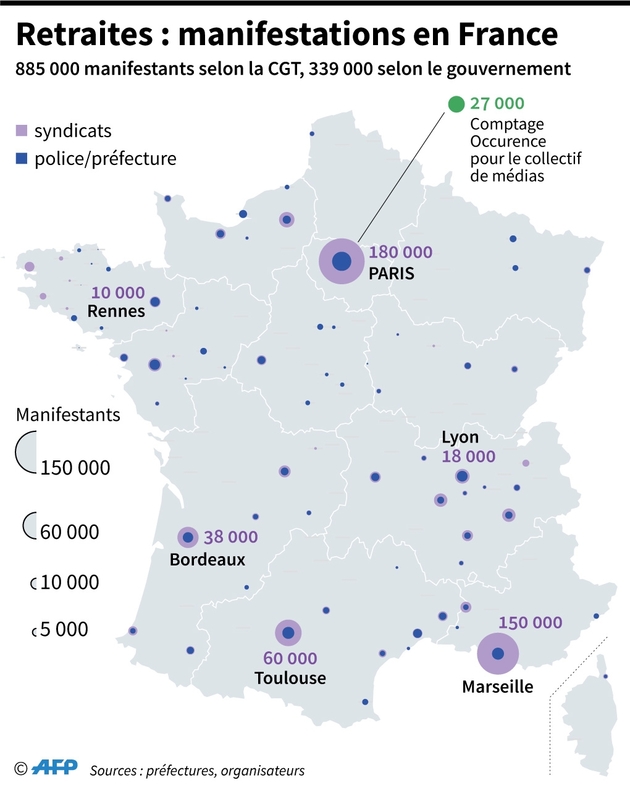 Principaux rassemblements contre la réforme des retraites le 10 décembre, nombre de manifestants