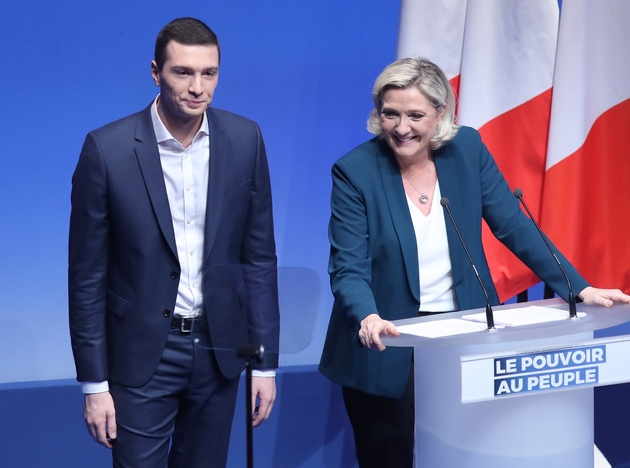 Marine Le Pen et Jordan Bardella lors d'un meeting pour le lancement de la campagne du Rassemblement national aux élections européennes de mai 2019, le 13 janvier 2019 à Paris