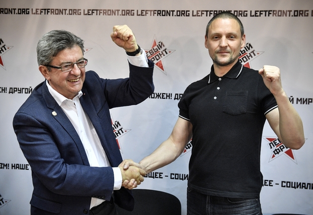 Jean-Luc Mélenchon et le leader de l'extrême gauche russe Sergueï Oudaltsov à Moscou, le 8 mai 2018