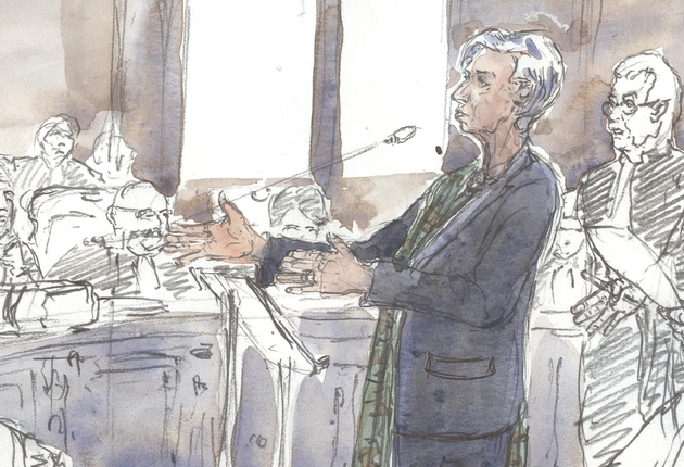 Christine Lagarde sur un croquis d'audience le 15 décembre 2016 à la Cour de justice de la République à Paris