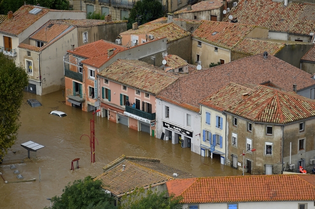 Vue aérienne de la ville de Trèbes, le 15 octobre 2018