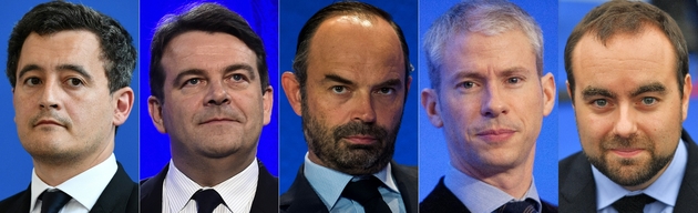 Montage de photos de Gérald Darmanin, Thierry Solère, Edouard Philippe, Franck Riester, et Sébastien Lecornu, réalisé le 24 octobre 2017