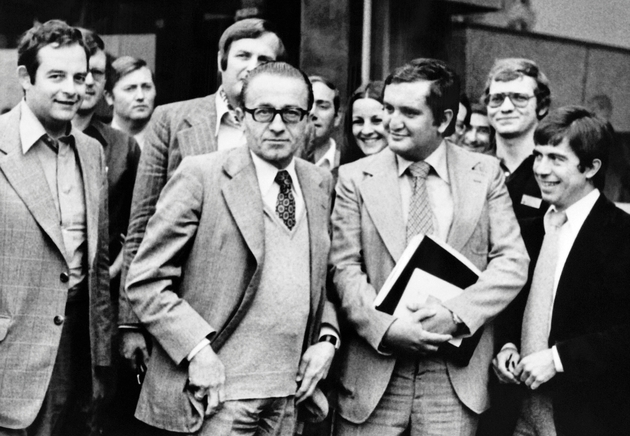 Christian Bonnet au centre avec à droite Jean-Pierre Raffarin à Nancy en août 1977