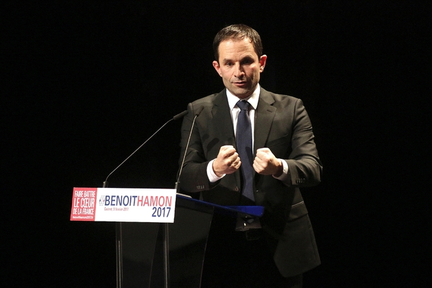 Le candidat à la présidentielle Benoît Hamon lors de son discours à Guéret dans la Creuse, le 9 février 2017