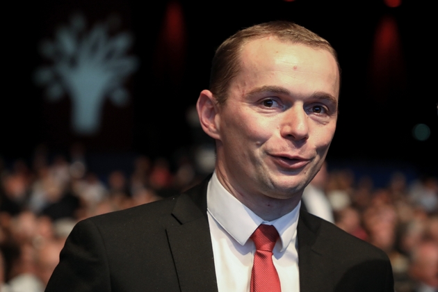 Le député socialiste Olivier Dussopt, ici au congrès des maires de France à Paris, le 23 novembre 2017, est désormais secrétaire d'Etat auprès du ministre des Comptes publics