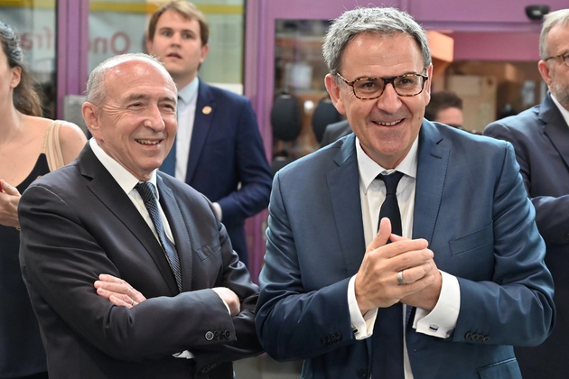 Gérard Collomb et David Kimelfeld le 8 juillet 2018 à Villeurbanne lors de la visite d'Emmanuel Macron