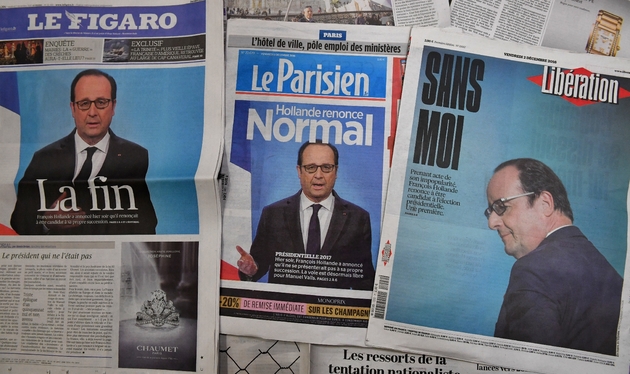 Les Unes de trois quotidiens français au lendemain du renoncement de François Hollande de se présenter à sa propre succession à l'Elysée, le 2 décembre 2016